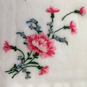 Vintage Embroidered Pink Floral Hankie Handkerchief Scalloped Edge SMALL HOLE